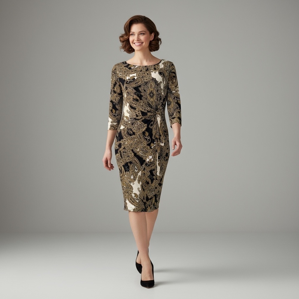 Peter Nygård Elegant Paisley Midi Dress Gold Black Side Knot Stretch Size 8